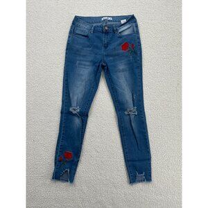 K's more‎ Jeans Women Size 9 Skinny Roses Distressed Destroyed Raw Hem Stretch